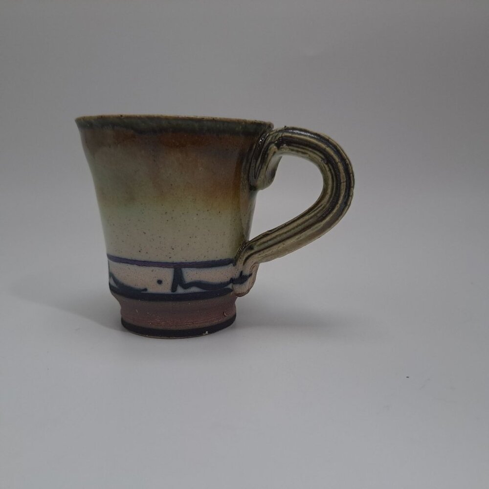 Studio Artisan Pottery Mug Green Brown Glaze Line Accent Rustic Coffee Cup